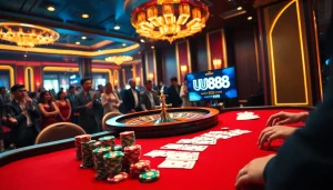 Experience the excitement of UU88 with vibrant casino visuals, showcasing poker tables and roulette wheels.