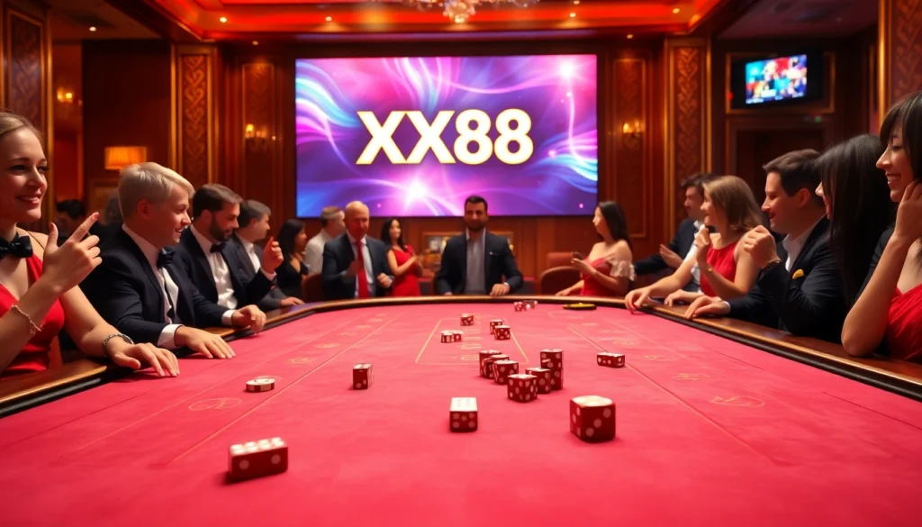 Experience the thrill at XX88 baccarat table, surrounded by excited players and premium casino elements.