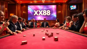 Experience the thrill at XX88 baccarat table, surrounded by excited players and premium casino elements.