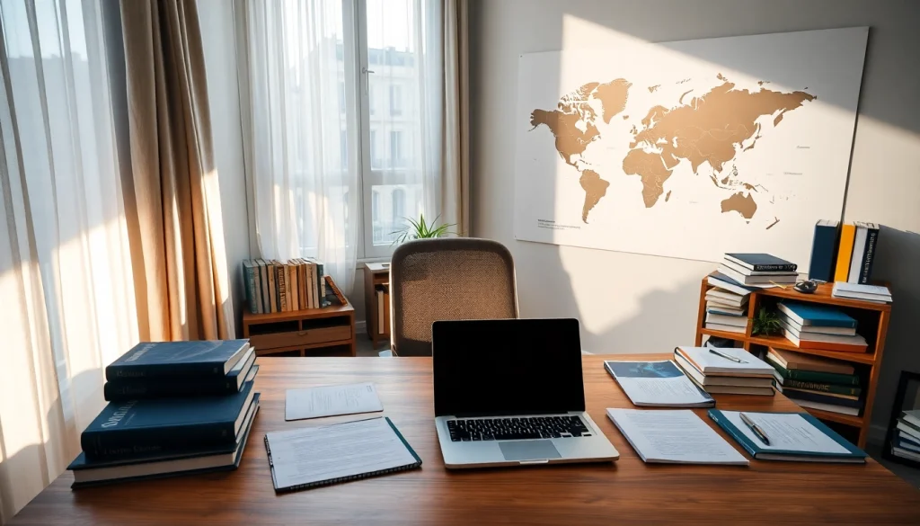 Espace de travail professionnel d'un traducteur certifié à Paris (traducteur assermenté Paris) avec des documents et des livres.