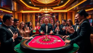 FC88 excitement at the casino gaming table with players betting on cards.