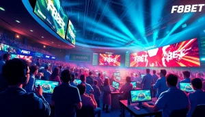 Exciting esports betting scene illustrating F8BET with vibrant colors and engaged fans.