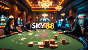 Join the excitement at SKY88 with players enjoying a thrilling Baccarat game in an upscale casino setting.
