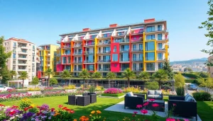 View of a luxury apartment complex in residence tirana showcasing modern design and landscaping.