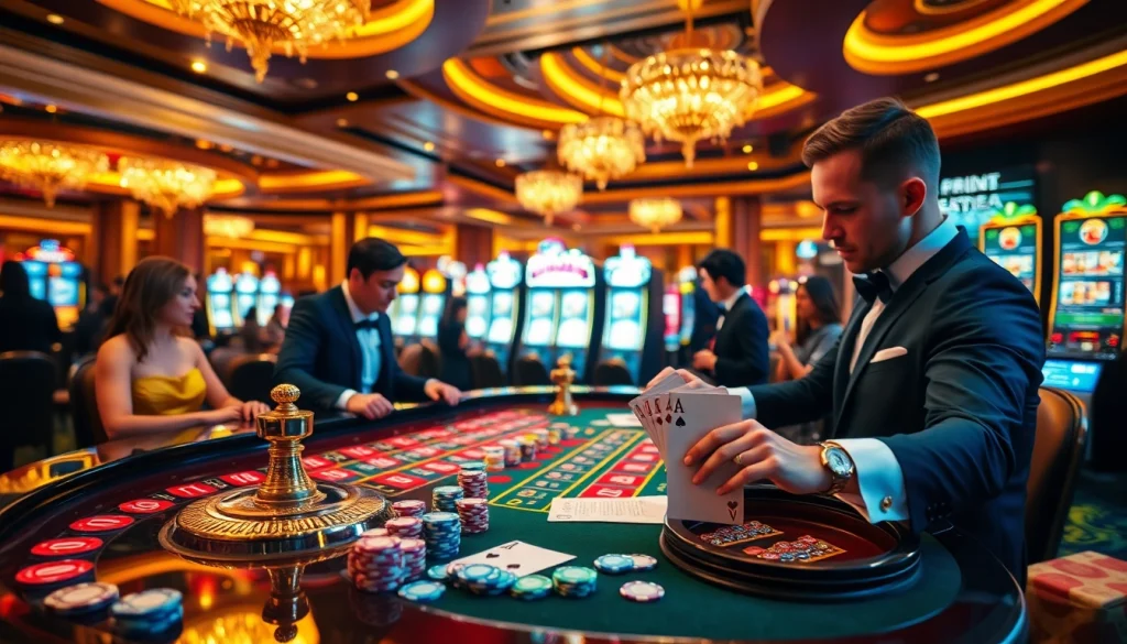 Players enjoy exciting games at a luxury casino highlighting https://journal.unj.ac.id/ with colorful chips and cards.