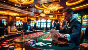 Players enjoy exciting games at a luxury casino highlighting https://journal.unj.ac.id/ with colorful chips and cards.