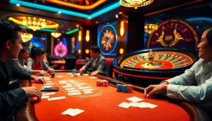 Engage in thrilling gameplay at Nhà Cái Uy Tín with vibrant poker tables and colorful poker chips.