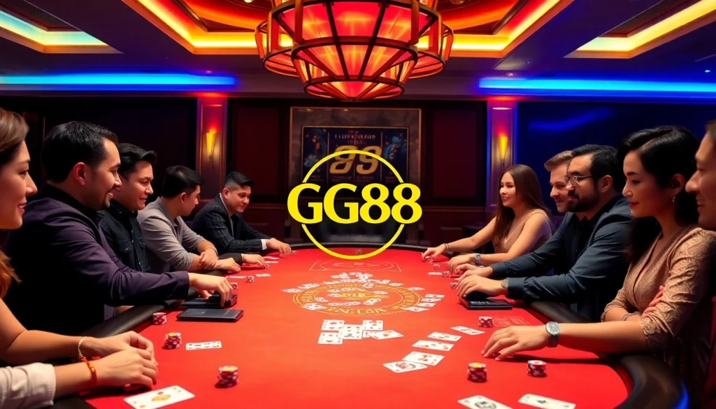 Exciting poker game at GG88 casino, highlighting chips and cards in a vibrant setting.