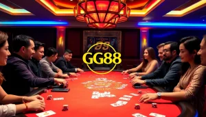 Exciting poker game at GG88 casino, highlighting chips and cards in a vibrant setting.
