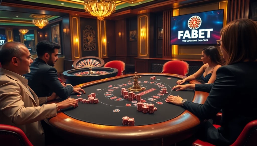 Experience high-stakes poker action at FABET's luxurious casino tables with vibrant chips and cards.