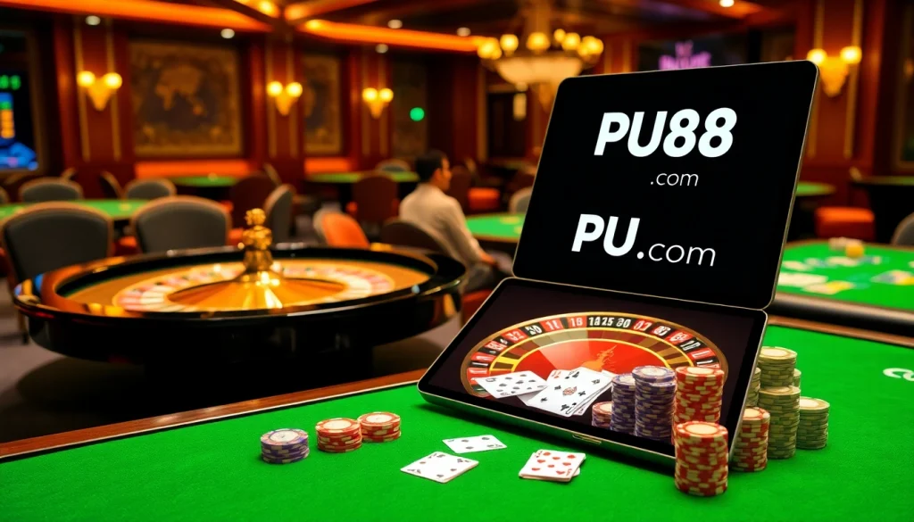 Experience the excitement of gambling at PU88 com with luxurious casino tables and vibrant gaming elements.