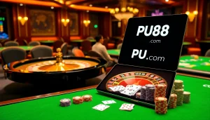 Experience the excitement of gambling at PU88 com with luxurious casino tables and vibrant gaming elements.