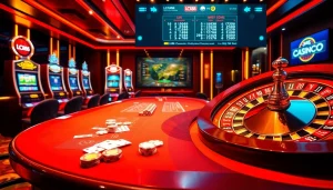 Experience the thrill of gaming with LC88 at a luxurious casino table and vibrant slot machines.