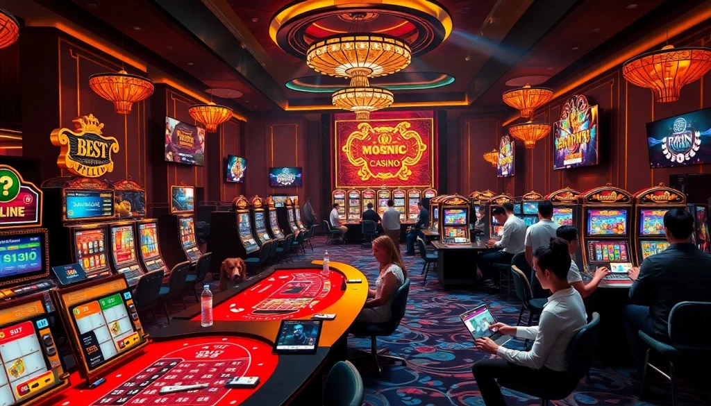 Players engaging with jili games in a luxurious online casino environment filled with slot machines and tables.