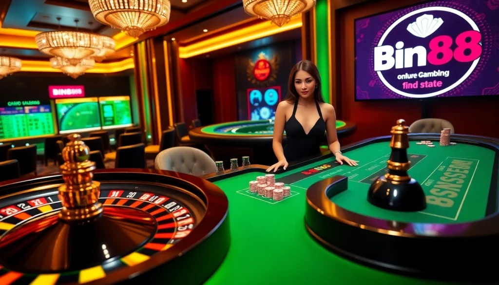 Players enjoying a thrilling poker game at Bin88's luxurious casino.