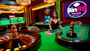 Players enjoying a thrilling poker game at Bin88's luxurious casino.