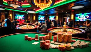 Players enjoying a high-stakes poker game at THABET casino, illuminated by ambient lighting.