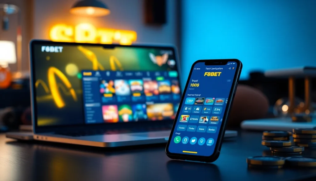 F8BET online betting interface on laptop and smartphone showcasing engaging games and user-friendly design.