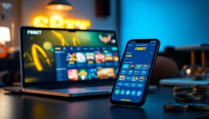 F8BET online betting interface on laptop and smartphone showcasing engaging games and user-friendly design.