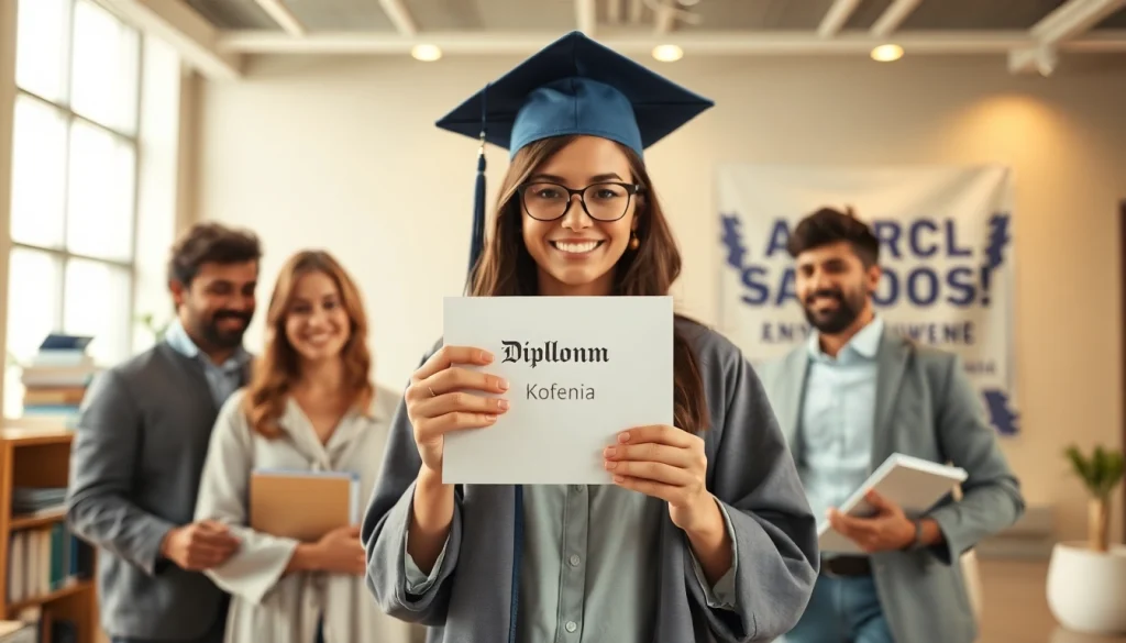 Graduate displaying a Diploma kopen in a modern academic setting, surrounded by proud supporters.