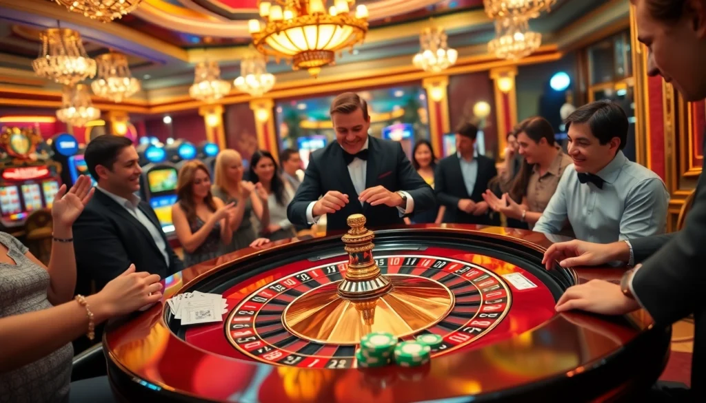 Players enjoying the excitement of f12 bet at a luxurious casino roulette table.