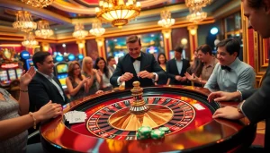 Players enjoying the excitement of f12 bet at a luxurious casino roulette table.