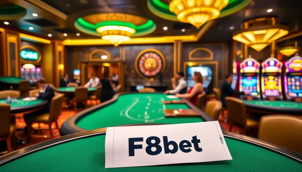 F8bet gamblers enjoying a high-stakes table experience in a luxurious casino atmosphere.