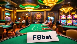 F8bet gamblers enjoying a high-stakes table experience in a luxurious casino atmosphere.