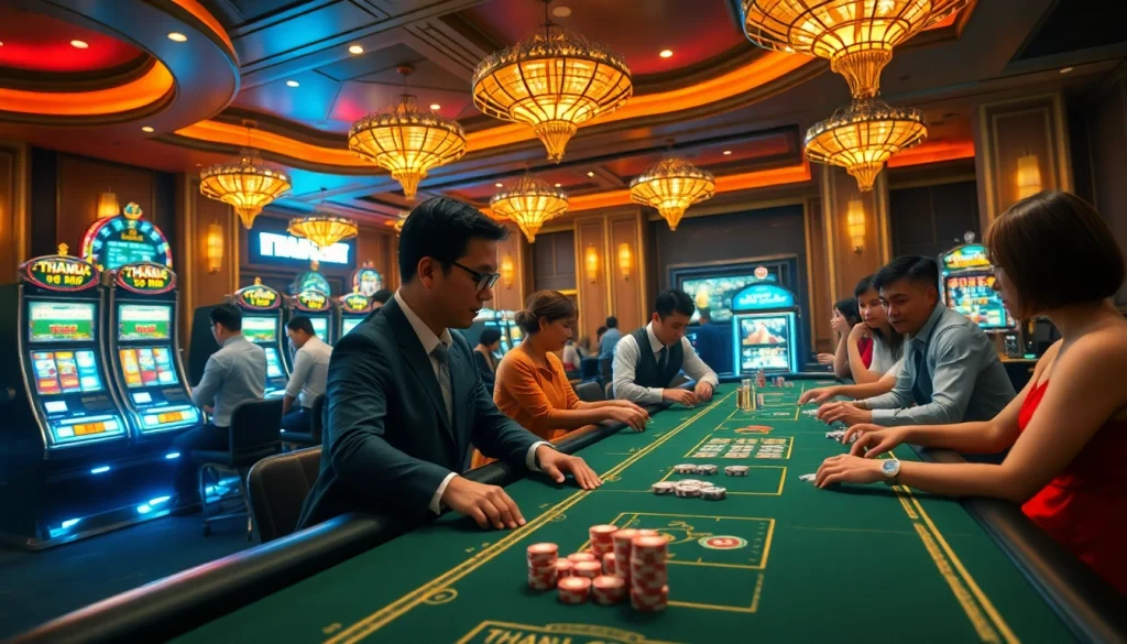 Exciting gaming action at Trang Chủ THABET with poker chips, dice, and slot machines in a luxurious casino.