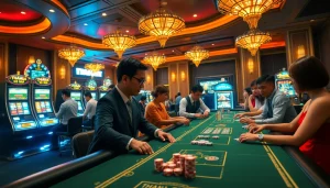 Exciting gaming action at Trang Chủ THABET with poker chips, dice, and slot machines in a luxurious casino.