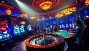 Engaged players enjoying games at the Top 10 Nhà Cái Uy Tín casino, surrounded by vibrant slot machines.