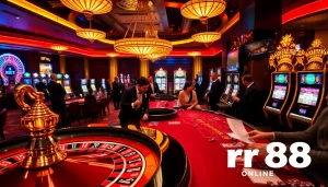 Experience excitement at rr88 with players enjoying a luxurious casino atmosphere featuring roulette and slots.