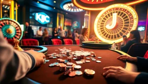 KJC casino scene with vibrant poker table and lively players enjoying high-stakes games.