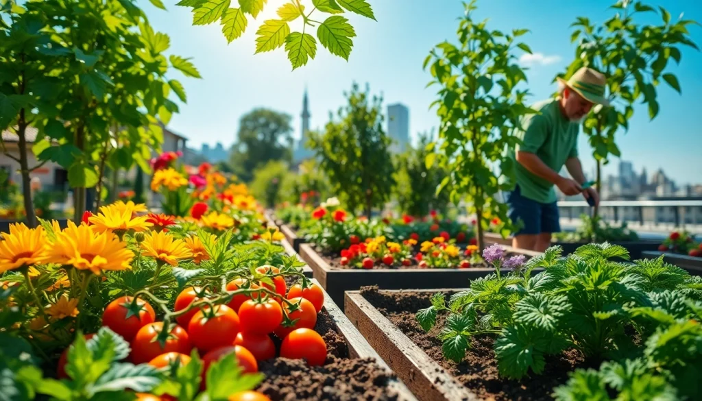Gardening with a vibrant array of vegetables and flowers in an urban raised bed setting.