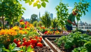 Gardening with a vibrant array of vegetables and flowers in an urban raised bed setting.
