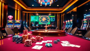 Engaging in gaming excitement at https://23win.hiphop/ with vibrant casino tables and roulette wheels.