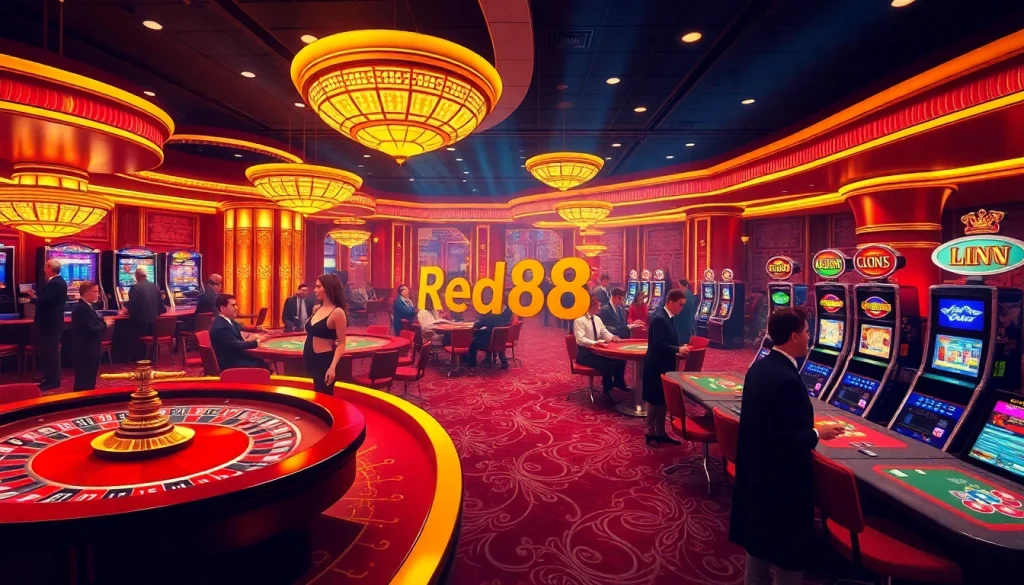 gamblers enjoying the excitement of red88 sập with vibrant casino games including roulette and slots