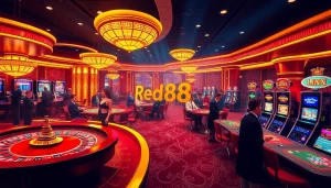 gamblers enjoying the excitement of red88 sập with vibrant casino games including roulette and slots