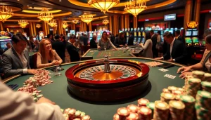Experience the excitement at 789f.best with gamblers at a roulette table, cards in play, and vibrant casino lights.