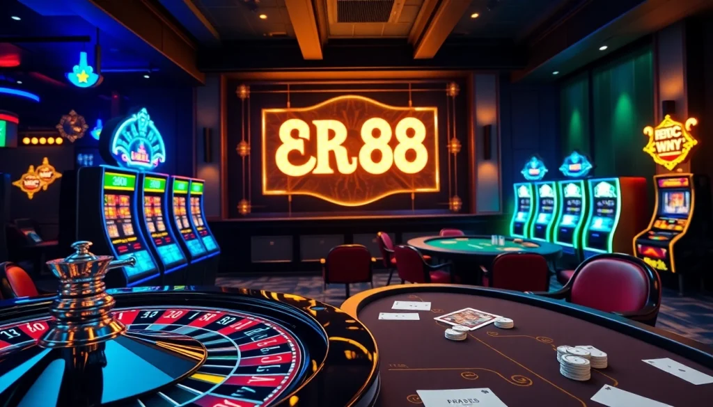 Gamble smartly at rr88 com with an exciting casino scene featuring roulette wheels and slot machines.