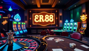 Gamble smartly at rr88 com with an exciting casino scene featuring roulette wheels and slot machines.