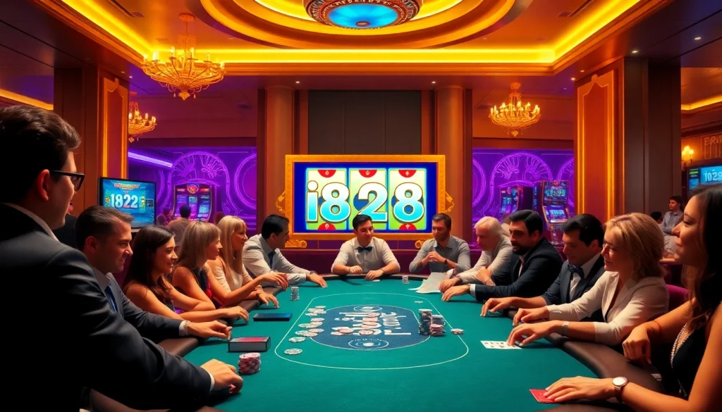 Action-packed poker game at i828 casino with luxurious decor and vibrant slot machines.