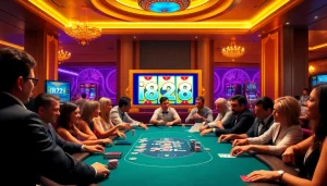 Action-packed poker game at i828 casino with luxurious decor and vibrant slot machines.