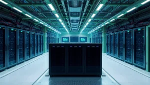 Dynamic crypto mining facility utilizing green energy sources, showcasing advanced technology in a sustainable environment.