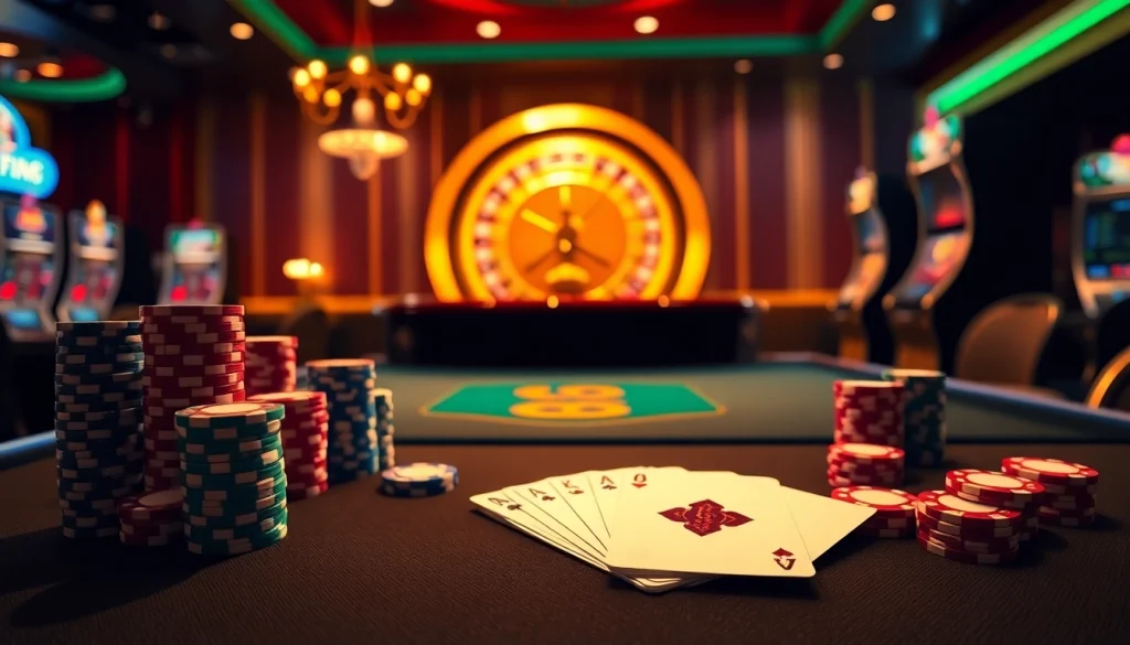 Engaging casino scene with HM88 poker chips and a roulette wheel, embodying excitement and luxury.