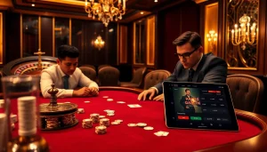 Engage in high-stakes poker at an Okwin table in a luxurious casino setting.