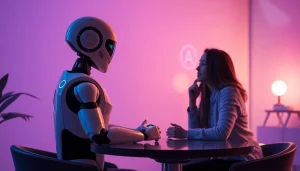 AI sex depicted in a futuristic room highlighting connection with humanoid robots.