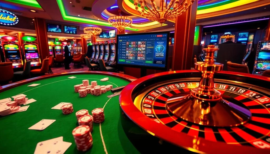Experience the thrill of WINBET88 with vibrant casino visuals showcasing poker tables and slot machines.