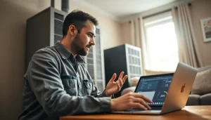 Technician explaining features of a Trane Alberta heating system to a homeowner in a natural setting.