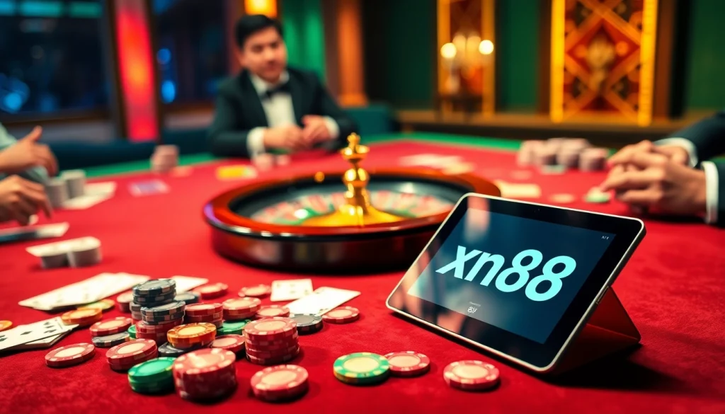 Experience the thrill of xn88 at a lavish casino poker table filled with vibrant chips and cards.